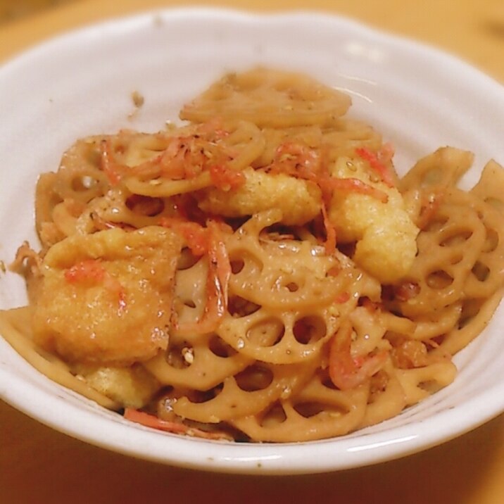 簡単時短!水煮レンコンと油揚げ、干しエビの煮物